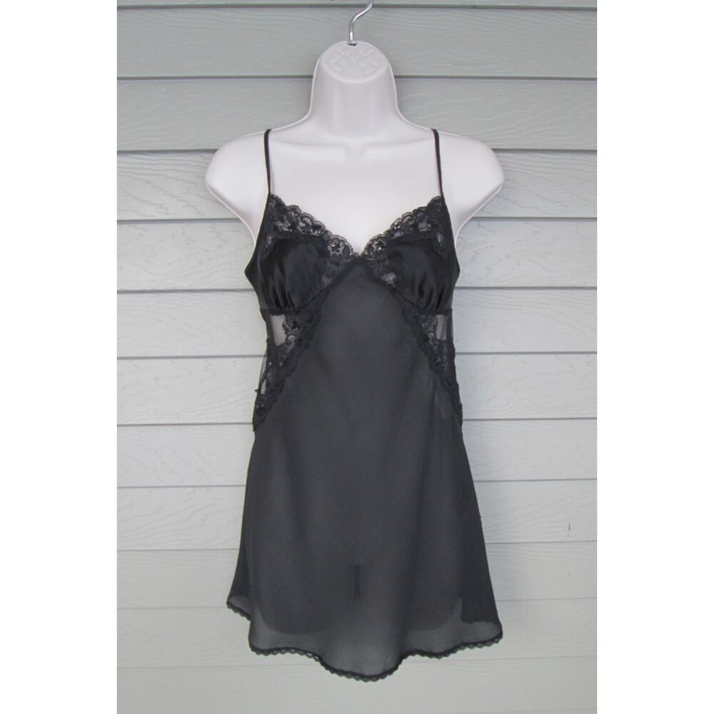 Victoria's Secret Womens Black Lace Sequins Babydoll Chemise Nightgown Size M